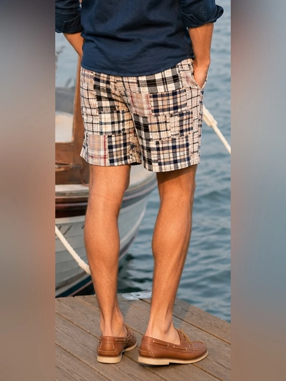 J. Crew Men's Patchwork Plaid Cotton Shorts - Navy/Beige/Black